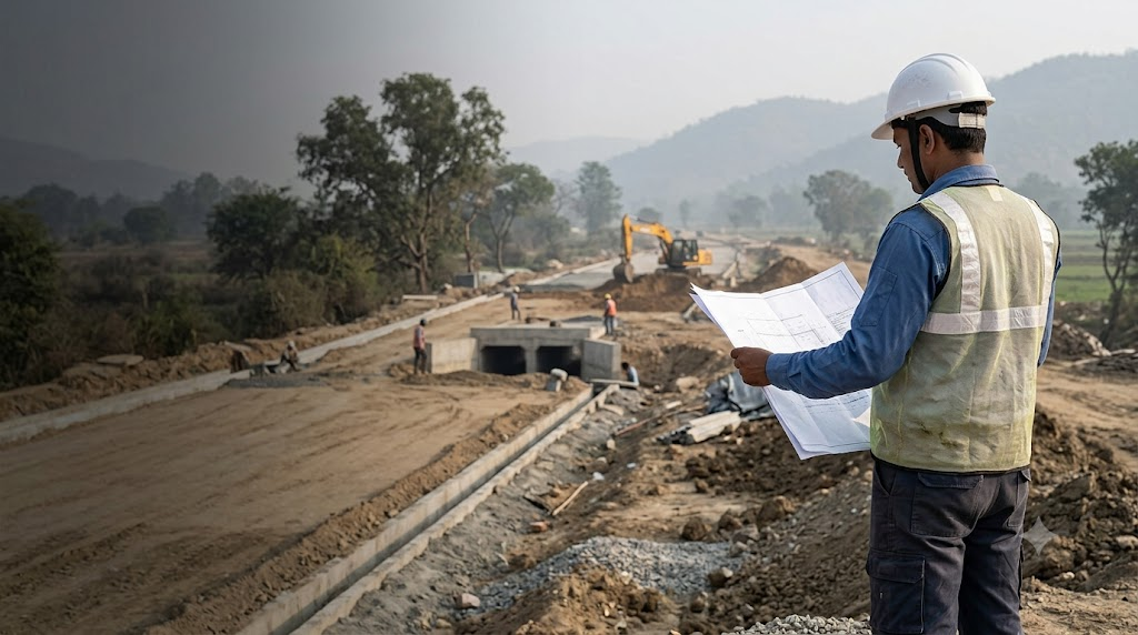 Site engineer reviewing infrastructure construction works