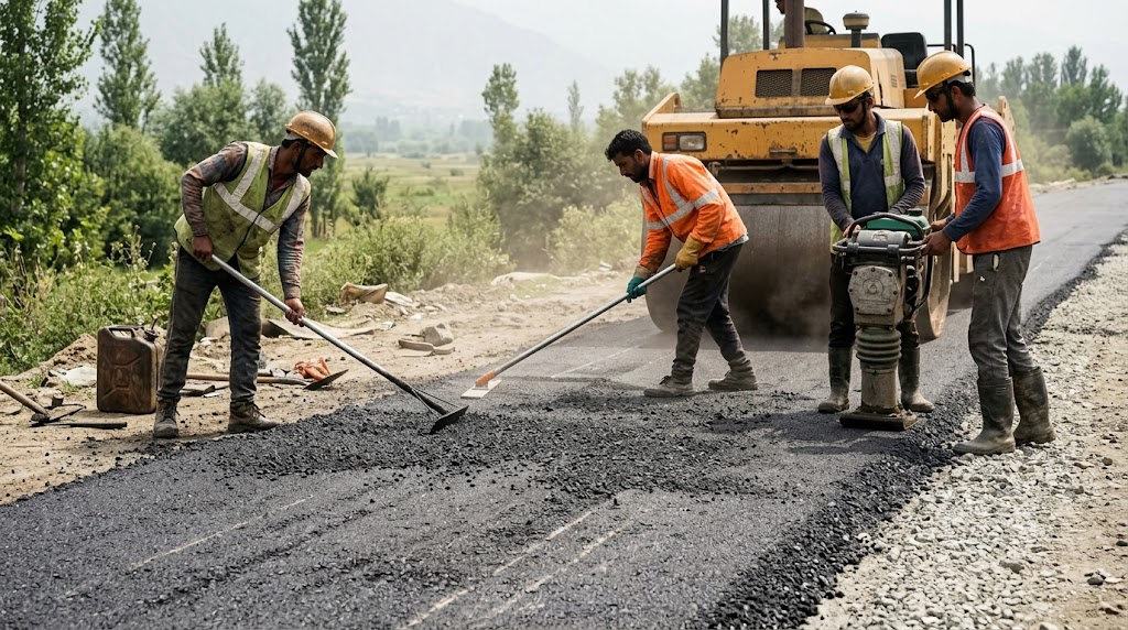 Highway pavement construction crew