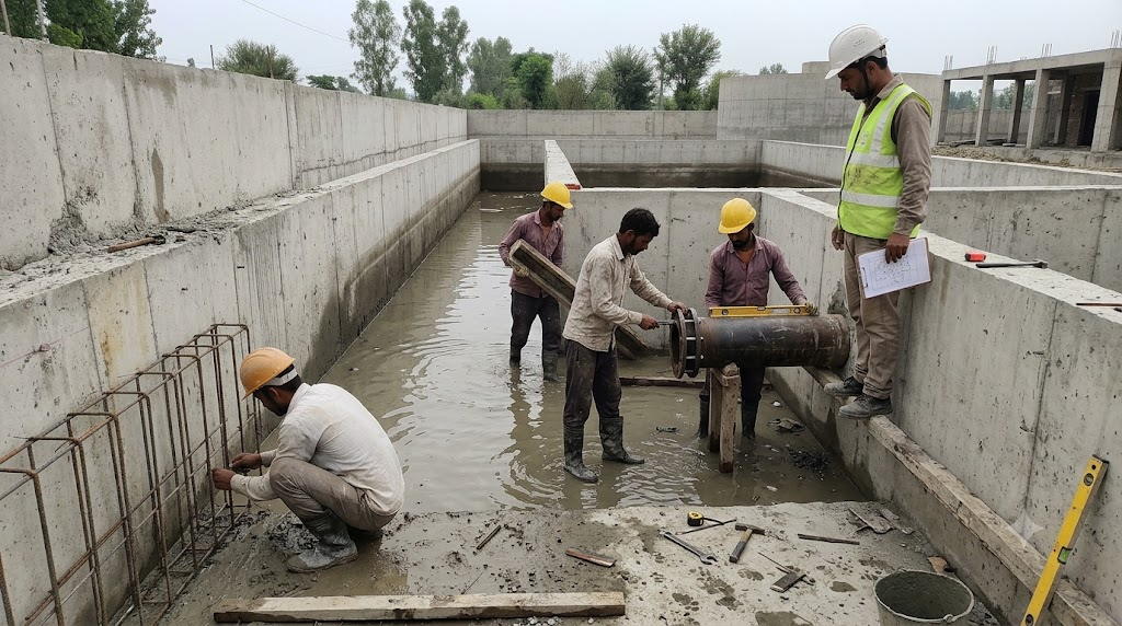Sewage treatment basin construction