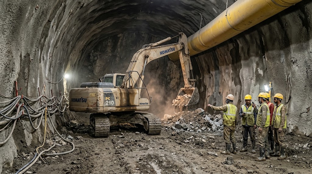 Tunnel excavation crew and machinery